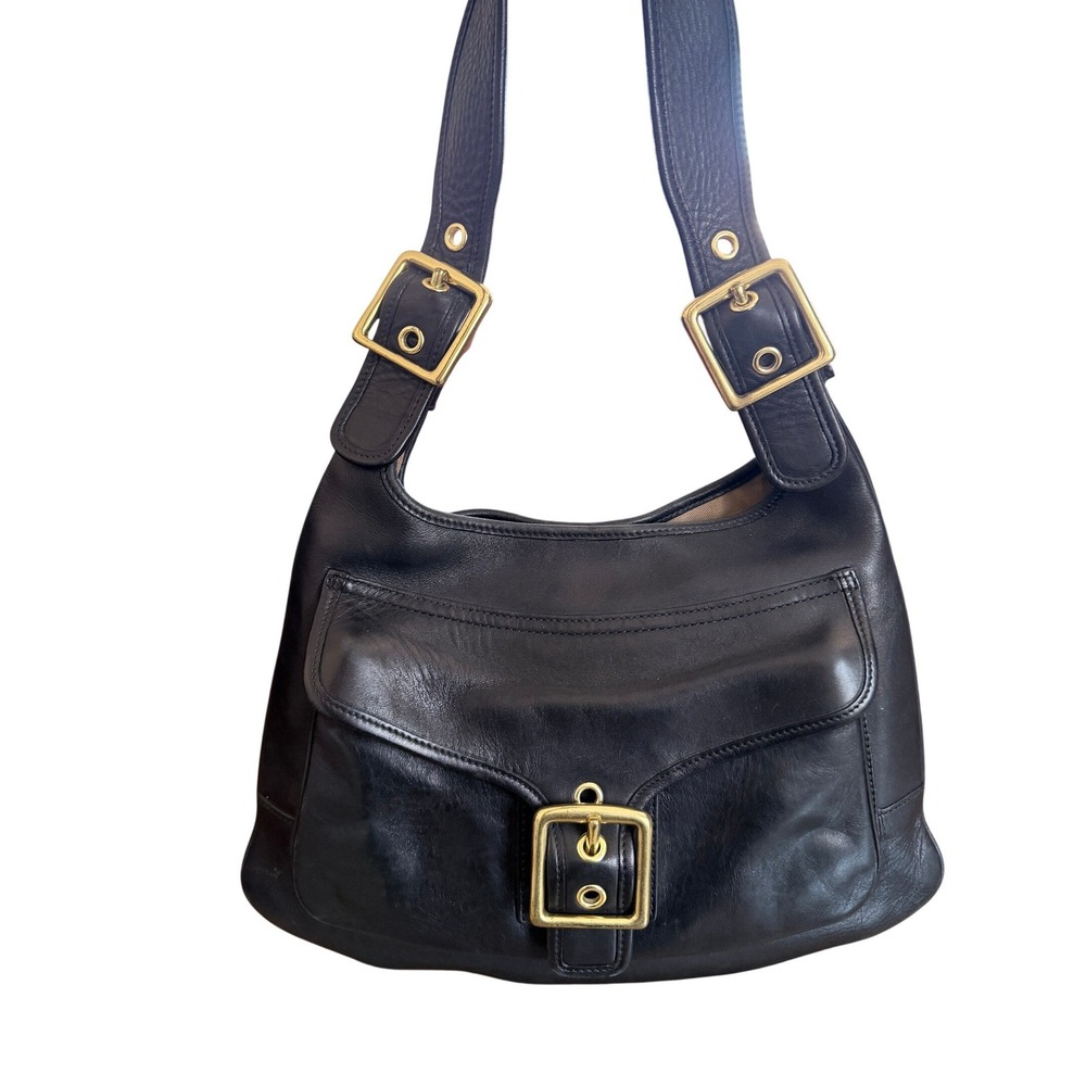 Coach Leather Buckle Hobo Bag Black Brass Hardware Shoulder Bag